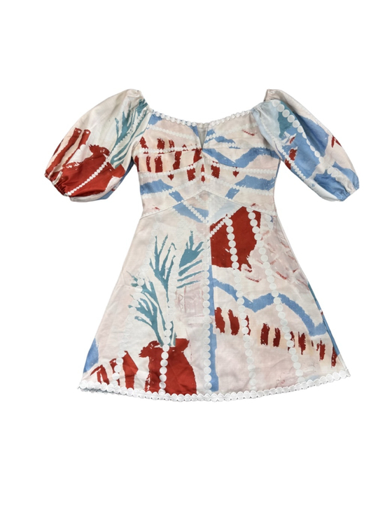 Unbranded Dresses & Skirts - Abstract Print Puff-Sleeve Mini Dress - Red & Blue
